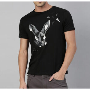 RARE RABBIT Men Printed Round Neck Y2k Pure pima Cotton Black T-Shirt M A004966